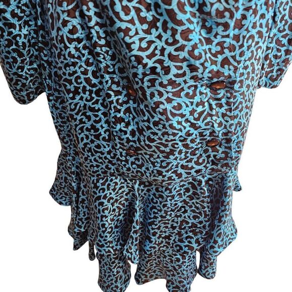 Vintage 80s Maggie London Dress Womens 8 Blue Black Silk Midi Drop Waist Peplum - Picture 5 of 8